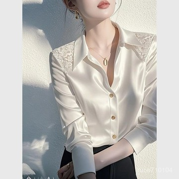 長袖T恤女 女裝上衣打底衫 新款春秋冬長袖T恤 大尺碼女裝 法式輕奢緞麵長袖襯衫女春季新款高級感氣質襯衣蕾絲拚接上衣