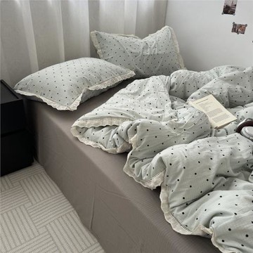 少女ins小清新波點藍水洗棉床單四件套花邊全棉被套純棉三件套1.5