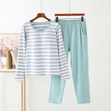 純棉帶胸墊罩杯一體條紋長袖長褲居家青年圓領兩件套裝可外穿韓版