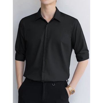 夏季白色短袖襯衫男士韓版修身五分半袖冰絲職業正裝商務免燙黑衣