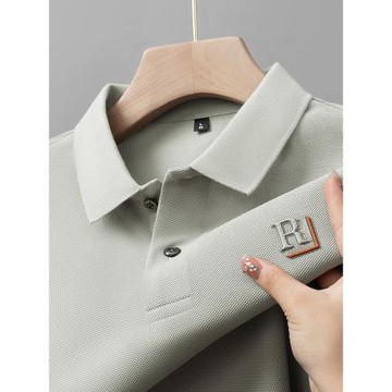 重磅絲光珠地純棉短袖t恤男翻領休閑polo衫夏季男裝字母壓膠上衣