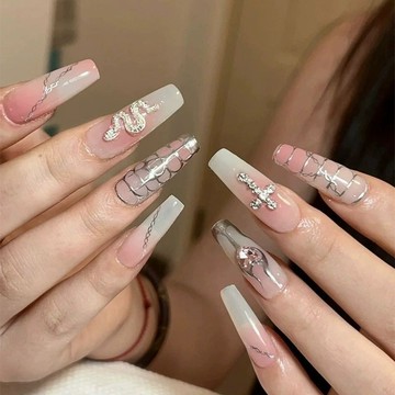 🎀台灣出貨🎀中長款穿戴甲爆閃指甲貼片美甲片半手工假指甲小紅書美甲貼