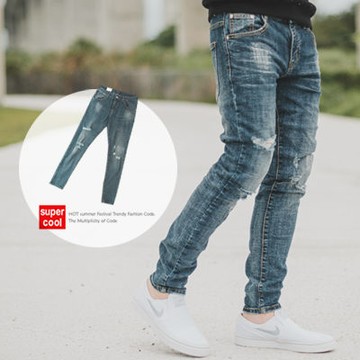 【NB0837J】韓國製潑漆造型抓破抽鬚合身牛仔褲(LE-PA78)