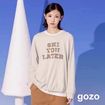 【gozo】發熱不收邊英文貼布繡花大學T(淺灰/黑色_F) | 女裝 圓領 保暖