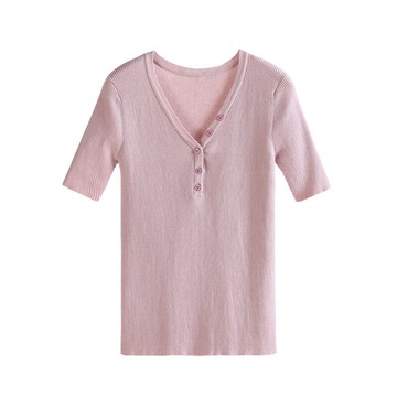 針織衫短袖T恤-紐扣V領亮絲修身女上衣3色73xi11【獨家進口】【米蘭精品】