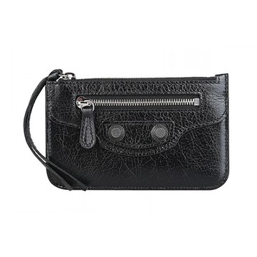 BALENCIAGA 巴黎世家  Le Cagole精緻鋼印LOGO復古裂紋小羊皮5卡拉鍊零錢卡夾(黑)