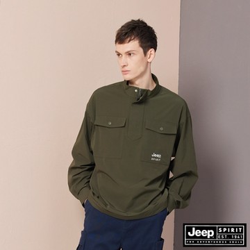 JEEP 男裝 防潑水開襟口袋長袖衝鋒衣-綠色