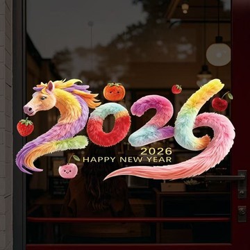 隔日💥新款2026馬年毛絨過年窗花玻璃靜電窗戶裝飾新年春節貼紙