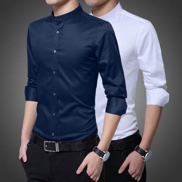 夏季男士立領商務襯衫男長袖純棉修身圓領襯衣休閑中式男裝上衣薄