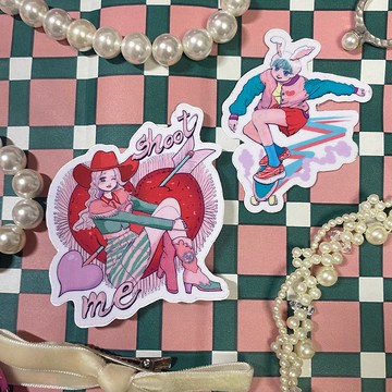 2張女孩貼紙 美式流行七彩粉紅貼紙女孩插畫少女兔心獨特