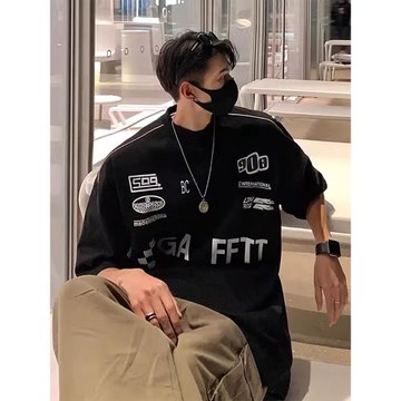 美式重磅痞帥短袖t恤男秋季潮牌寬松大碼情侶半袖機車風運動上衣