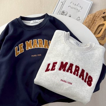 【MasCool】LE MARAIS植絨大學T 女款 大學踢 衛衣 大學Tee 寬鬆 長袖上衣 長袖Tee
