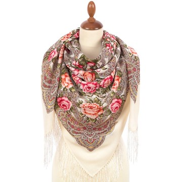 Pavlovo Posad 俄羅斯披肩 100% 羊毛圍巾 125x125 公分 蠶絲流蘇 款號 1980-0