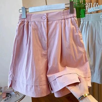 初色 休閒風純色單扣鬆緊腰休閒褲寬褲短褲-共3色-13940(M-4XL可選)