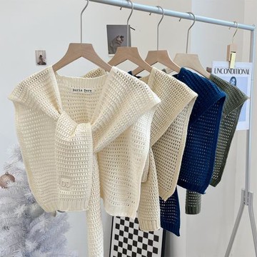 春季米白色針織圍巾春秋女襯衫韓版坎肩小披肩鏤空外搭夏季假領子