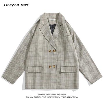 BOYUE帛躍格子西服春秋英倫輕熟風高級感通勤oversize簡約外套男