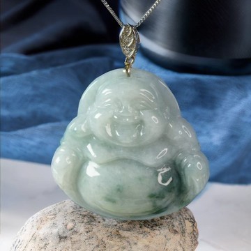 飄花翡翠彌勒佛項鍊 925純銀墜頭 | 天然緬甸玉翡翠A貨 | 送禮
