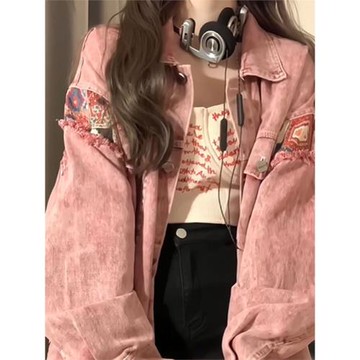 美式復古拼接牛仔外套女春秋寬松設計感小眾休閑百搭工裝夾克上衣
