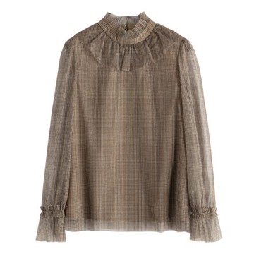 西湖閣老【譯】春季 亮絲混搭細格紋立領雪紡衫HZ195剪標