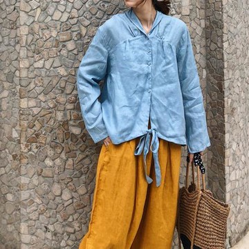 2025春夏新女日系韓版大碼復古文藝棉麻亞麻背后系帶長袖襯衫開衫