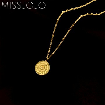 歐美ins冷淡風簡約圓形太陽六芒星星鑲鉆鈦鋼鍍18K金色項鏈鎖骨鏈