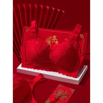 本命年紅色內衣女士大胸顯小超薄款防下垂大碼文胸無鋼圈胸罩蛇年