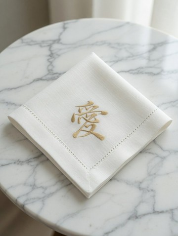 客製刺繡金色字餐巾 愛心中文刺繡手帕 婚禮 情侶 家居桌飾