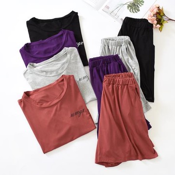 莫代爾睡衣女夏休閑薄款外穿寬松大碼純色短袖短褲家居服兩件套裝