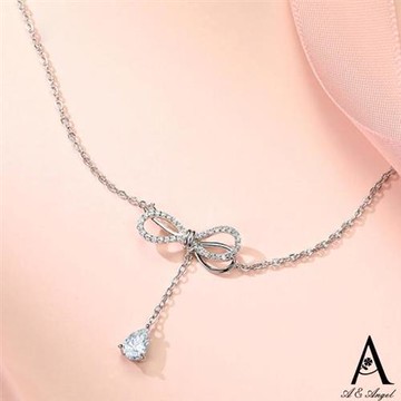 【ANGEL】蝴蝶結鏤空流蘇水滴鑽設計項鍊(銀色)