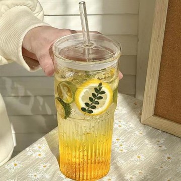ins風豎條紋玻璃杯喝水杯子帶蓋高顏值家用牛奶杯夏季大容量水杯