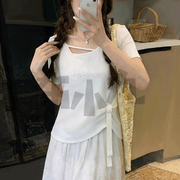 【佈小九】女生短T 短袖【人棉260克】大碼斜領扭結短袖t恤夏季不規則飄帶女上衣
