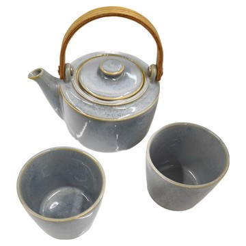 SALIU 祥 SYO木製提把 陶瓷土瓶急須 日本製造  灰色  茶壺 + 茶杯  1組