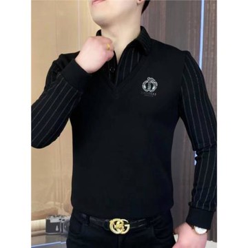 歐貨秋冬季男士假兩件衛衣輕奢簡約商務休閑條紋襯衫領內搭打底衫