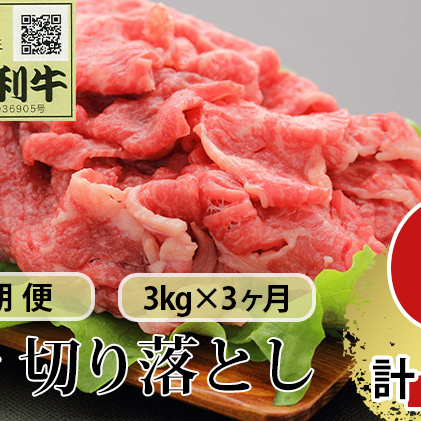 《定期便》3ヶ月連続 秋田由利牛 バラ切り落とし 3kg（1kg×3パック）