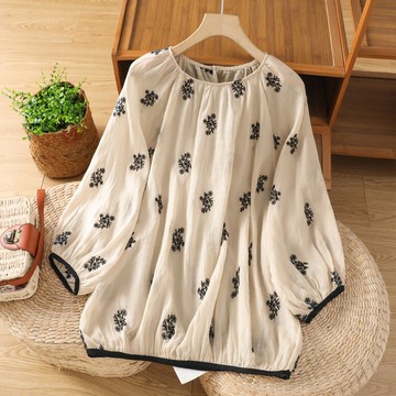 【ACheter】文藝復古圓領重工刺繡拼接寬鬆麻料長袖上衣# 126137