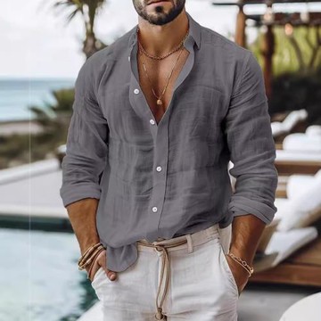 男士純色棉亞麻襯衫休閑款式長袖商務休閑襯衫跨境獨立站