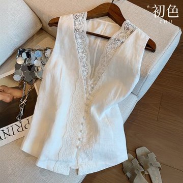 初色 法式氣質風純色蕾絲拼接馬甲背心上衣女上衣-白色-14283(M-2XL可選)