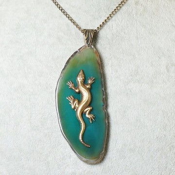 黃銅蜥蜴項鍊 綠瑪瑙切片石墜飾項鍊 飾品禮物