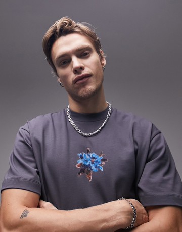 Topman premium oversized fit t-shirt with painted floral in charcoal-Grey