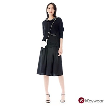 KeyWear奇威名品 質感高腰打褶休閒中長裙(共2色)-黑色