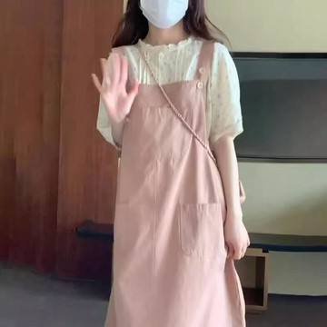 甜美立領碎花襯衫+揹帶裙套裝女夏季大碼寬鬆顯瘦連衣裙