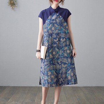 [韓國K.W.]現貨高工藝亞麻拼接旗袍洋裝