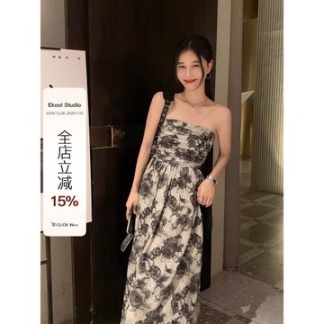 EKOOL衣庫 新中式美學/水墨畫抹胸連衣裙女夏收腰顯瘦吊帶裙長款
