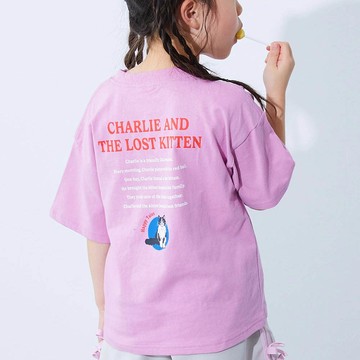 日本 devirock - 100%棉 定番可愛女孩印花短袖上衣-背後貓咪-粉紅