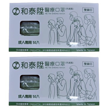 和泰陞 平面醫療口罩 成人  50片  2盒  軍綠