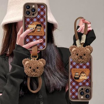 咖啡熊支架適用蘋果17promax手機殼新款iphone16少女心15plus帶掛繩14可愛13網紅ins風12防摔11保護套17air男