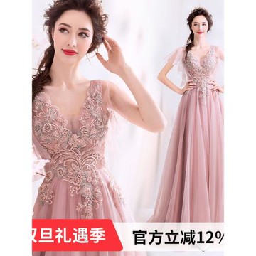 天使嫁衣粉色深V領新娘結婚敬酒服宴會演出婚紗禮服1018批發