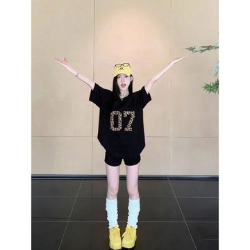 網美激推💅美式黑色純棉豹紋數字印花短袖t恤女夏季寬鬆設計感小衆懶惰上衣AC3J