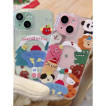 ins風可愛小動物派對適用于蘋果13/14/1516/proMax趣味少女磁吸手機殼iPhone11/12MINI透明16plus