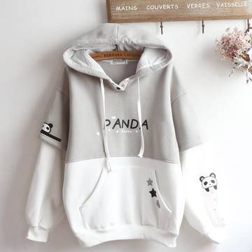 可愛中學生秋冬加厚拼色帽衫大口袋熊貓印花寬松軟妹加絨連帽衛衣